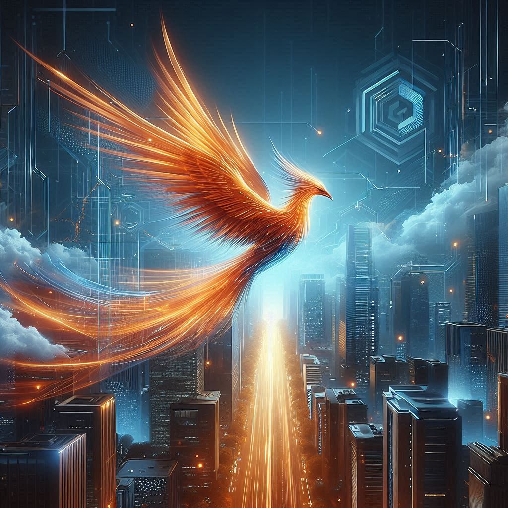 A futuristic phoenix soaring over a modern cityscape, with shades of orange and blue, symbolizing cutting-edge technology and security, without the LinkedIn logo