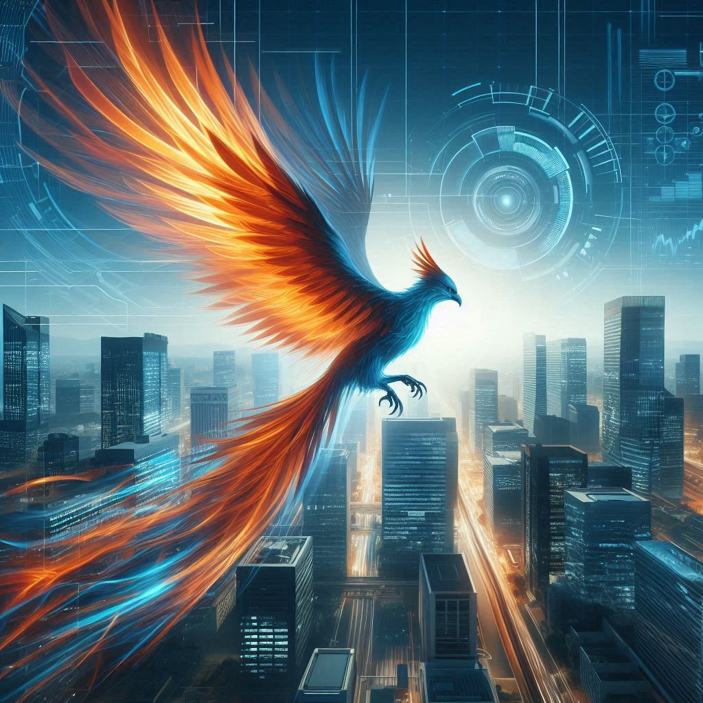 A futuristic phoenix soaring over a modern cityscape, with shades of orange and blue, symbolizing cutting-edge technology and security.