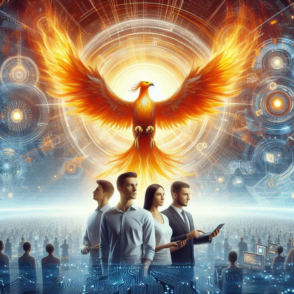 A group of 4 people in the forefront of AI with a Phoenix in the background