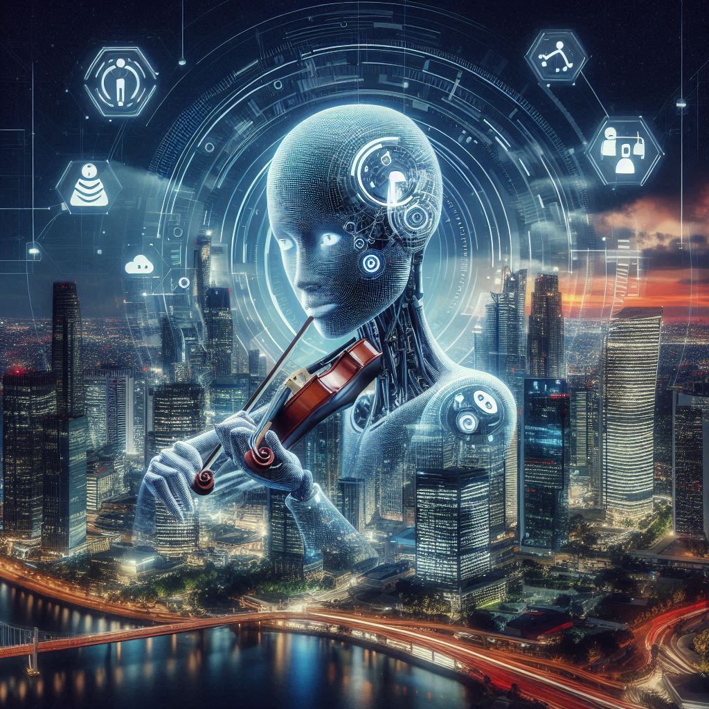 AI Orchestration with a humanized AI feel, futuristic elements, and a modern cityscape in the background, symbolizing innovation, resilience, and cutting-edge technology.